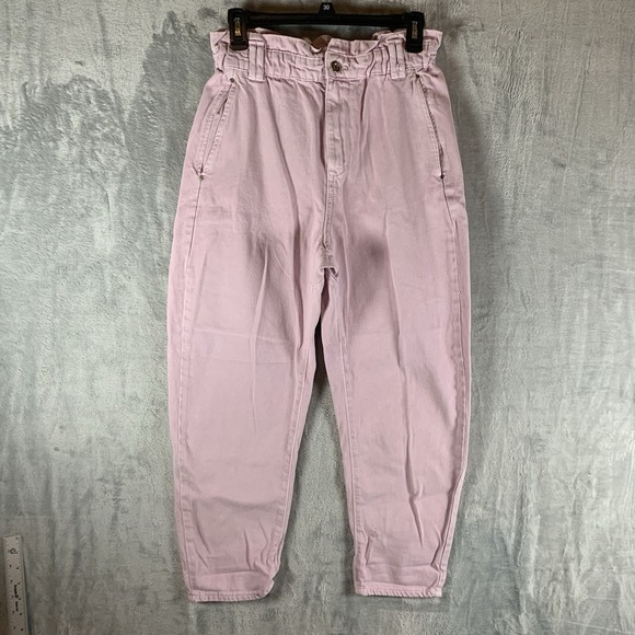 Zara Womens 90s Paper Bag Relaxed Jean 8‎ Pants Cotton High Rise Tappered Pink - Picture 1 of 8